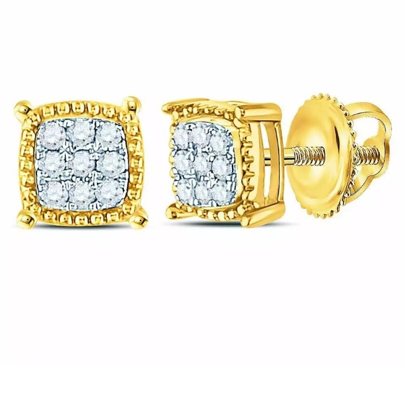 10kt Yellow Gold Mens Round Earrings 1/10 Cttw - Picture 1 of 1